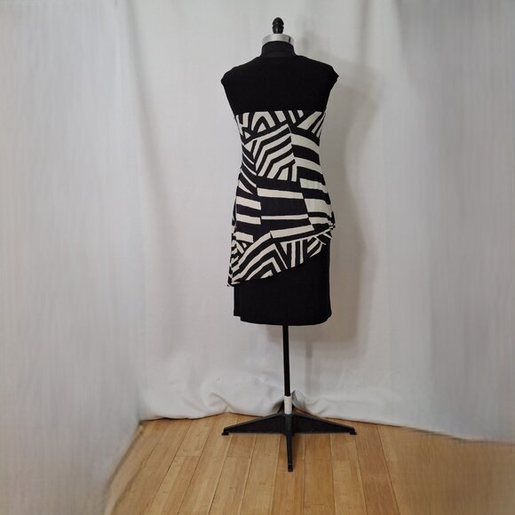 Slimming Simon Chang Black Beige Peplum Tiered Dress , Size Medium - Picture 4 of 6